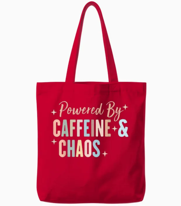 Powered by Coffein and Chaos Funny Adhd T-Shirt, Black Tote Bags in Red