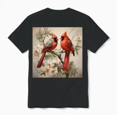 Northern Red Cardinal Birds with Flowers Unisex T-Shirt - Black
