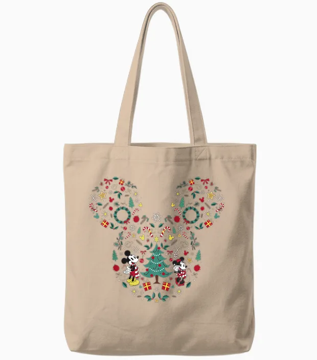 Disney Mickey and Minnie Christmas Mashup Short Sleeve Tote Bags in Natural