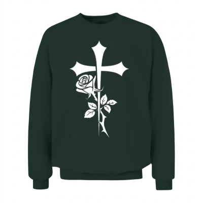 Cross with Rose Illustration Unisex Sweatshirt - Forest