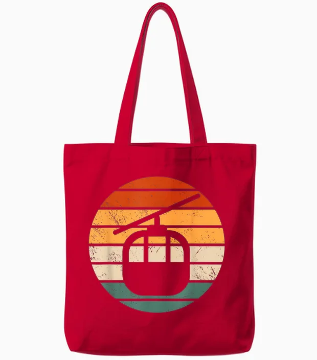 Retro Ski Lift Gondola Outfit Skiing Cable Car Mountain T-Shirt, Black Tote Bags in Red