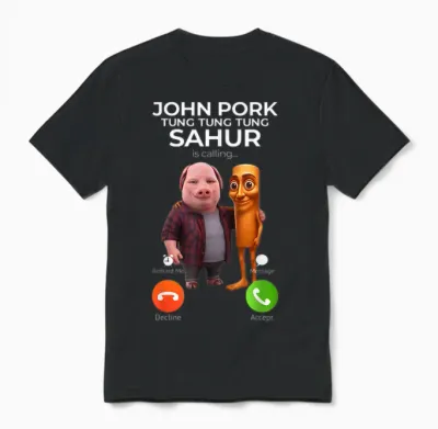 Tung Tung Tung Sahur John Pork Meme Brainrot Calling Unisex T-Shirt - Black