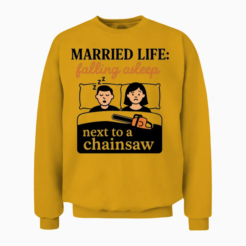 Married Life: Falling Asleep Next to a Chainsaw Unisex Sweatshirt in Gold