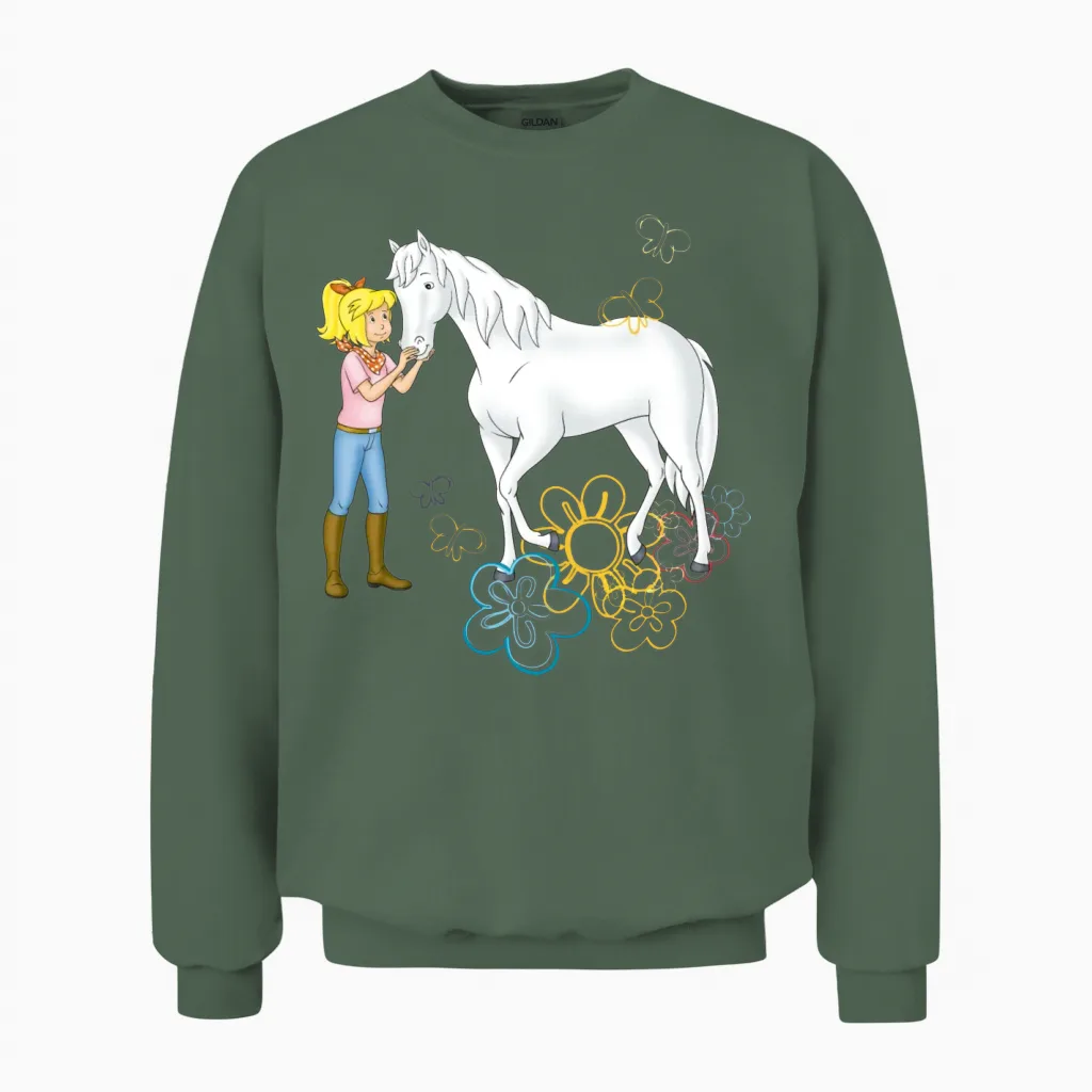 Bibi and Tina 'sabrina with Bibi and Flowers' Unisex Sweatshirt in Military Green