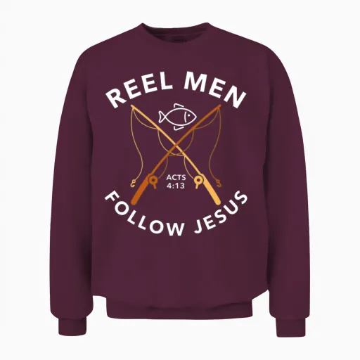 Reel Men, Follow Jesus, Acts 4:13, Fishing Theme Unisex Sweatshirt in Maroon