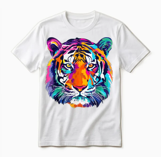 Tigerco. Colorful Tiger Graphic Unisex T-Shirt, Black, Small, Short Sleeve, Classic Fit Unisex T-Shirt in White