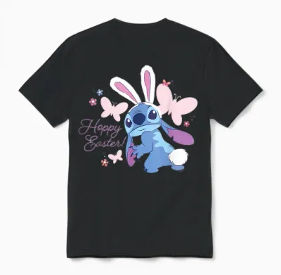 Disney Lilo & Stitch Hoppy Easter Bunny and Butterflies T-Shirt, Black Unisex T-Shirt - Black