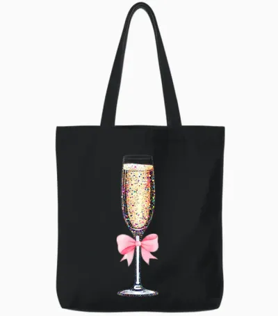 Coquette Champagne Glass Happy New Year 2026 Party Women Tote Bags - Black