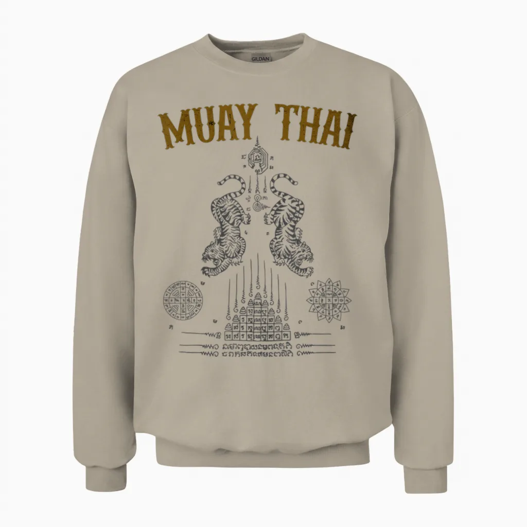 Tattoo Muay Thai Buddha Kickboxing Cultural Asian Sak Yant T-Shirt, Black, S Unisex Sweatshirt in Sand