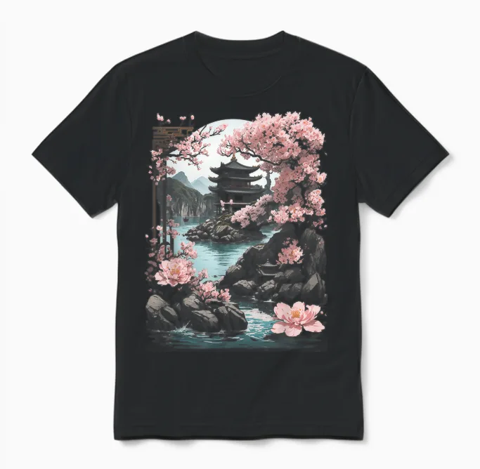 Japanese Chinese Temple Sakura Cherry Blossom Landscape T-Shirt, Black Unisex T-Shirt in Black