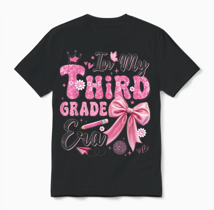 In My Third Grade Era Coquette Back to School Teacher Girl Unisex T-Shirt in Black