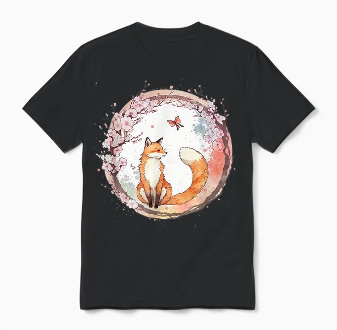 Kawaii Japanese Fox Butterfly Cherry Blossom T-Shirt, Black Unisex T-Shirt in Black