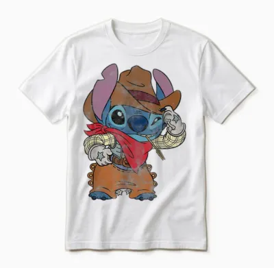 Disney Stitch Cowboy Costume Western Vintage Look T-Shirt, Black, S Unisex T-Shirt - White