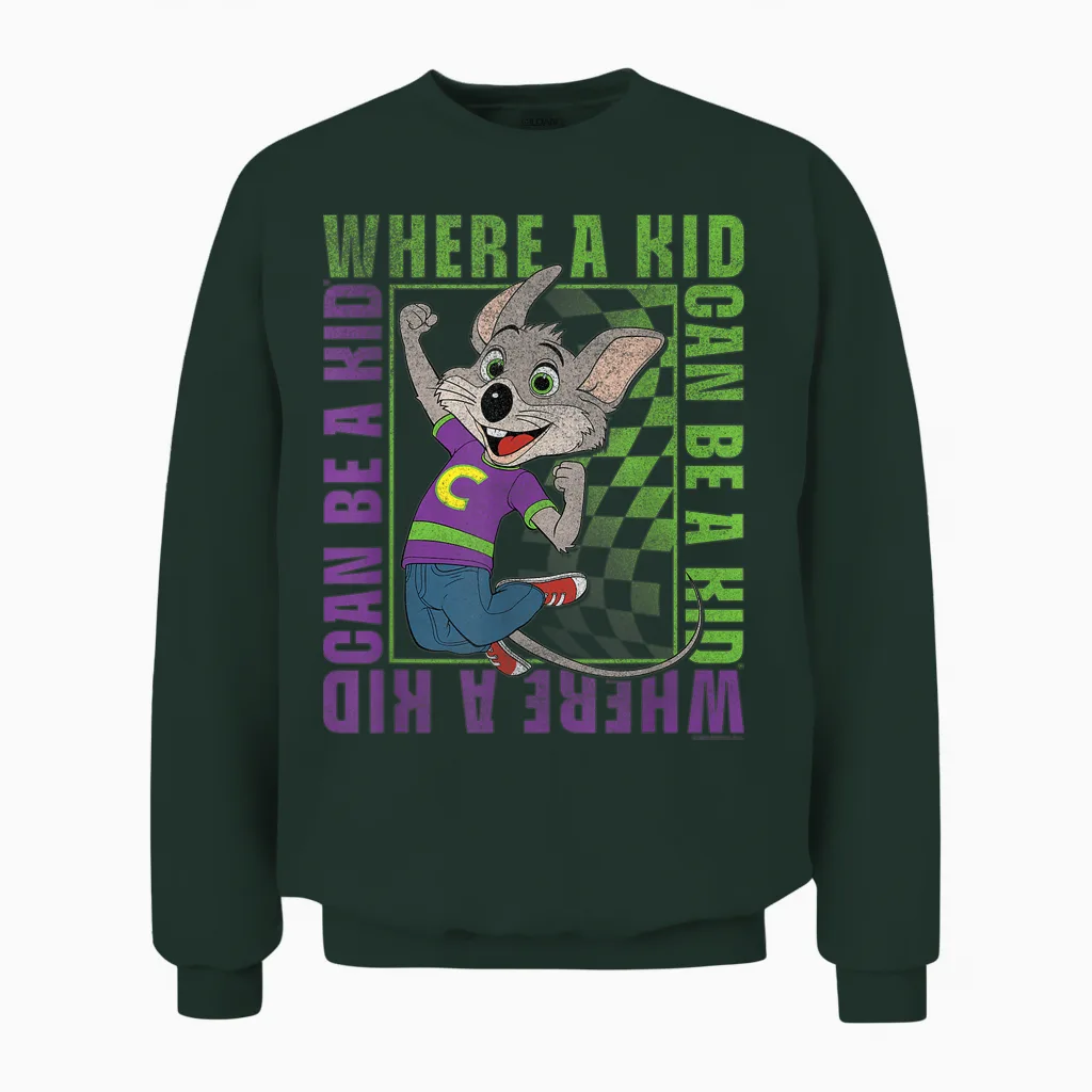 Chuck E. Cheese Where a Kid Can Be a Kid Modern Chuck Faded Unisex Sweatshirt in Forest