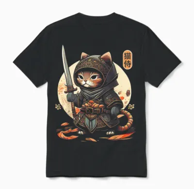 Japanese Samurai Cat Tattoo Kawaii Ninja Cat Unisex T-Shirt - Black