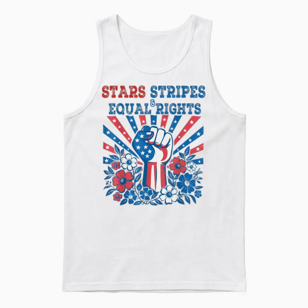 Stars Stripes and Equal Rights 4th July Patriotic Activist Unisex Tank Top in White