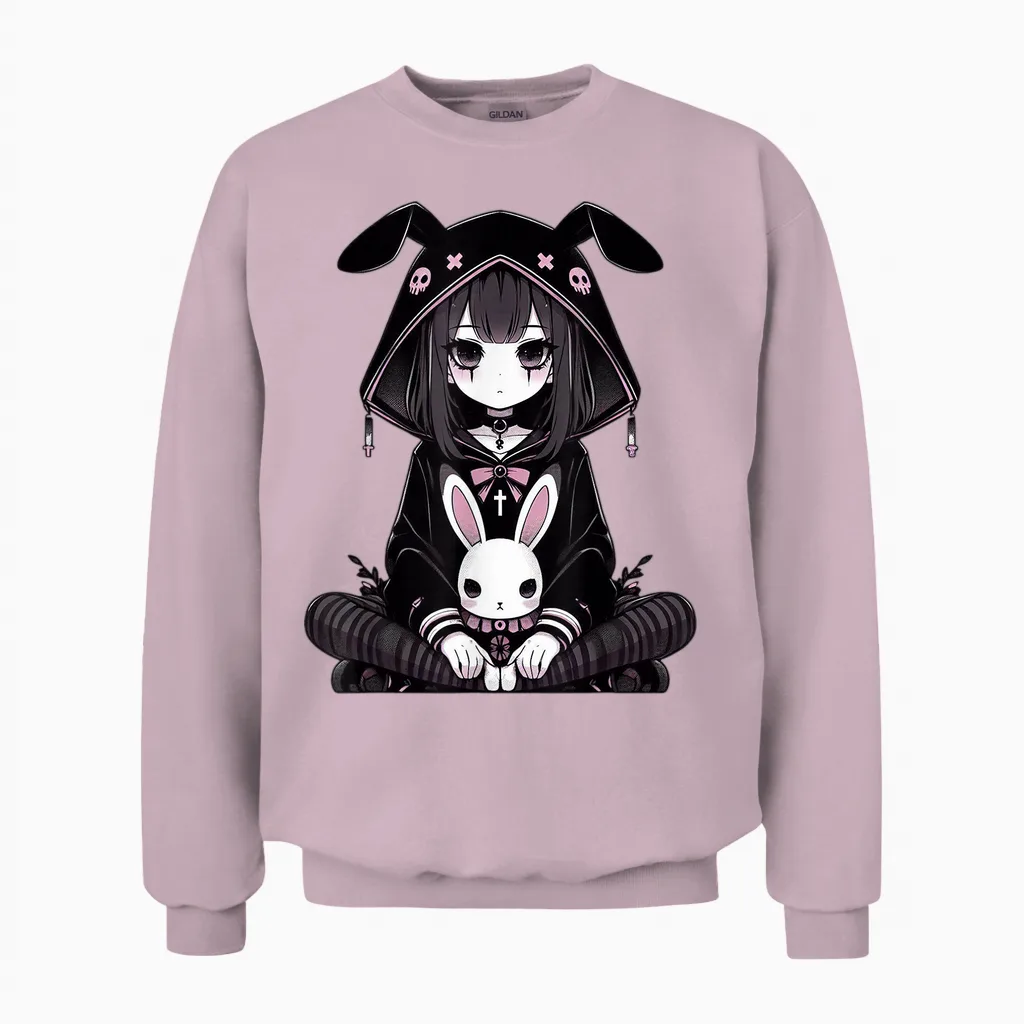 Goth Bunny Anime Girl Kawaii Gothic Creepy Art Japanese T-Shirt, Black, S Unisex Sweatshirt in Light Pink