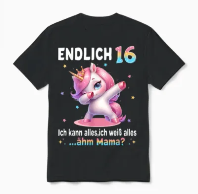 16th Birthday Girl 16 Years Unicorn Party Outfit Unicorn T-Shirt, Black Unisex T-Shirt - Black