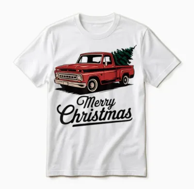 Red Pickup Truck Christmas Tree Vintage Christmas Men Women Unisex T-Shirt - White