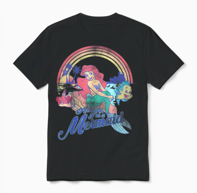 Disney Little Mermaid Retro Rainbow Pastel Graphic Unisex T-Shirt in Black