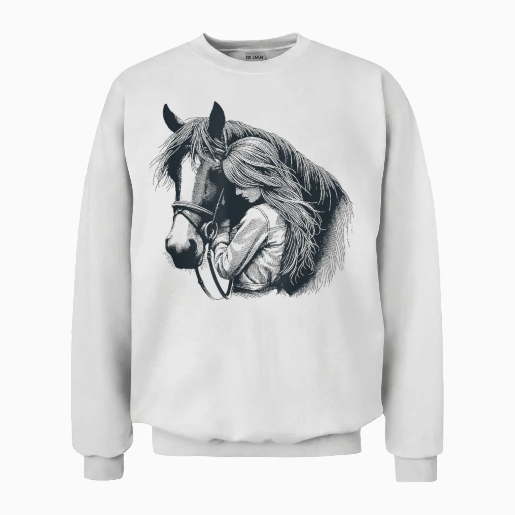 Girl with Horse Cute Motif for Stable and Riding Horses Unisex Sweatshirt in White