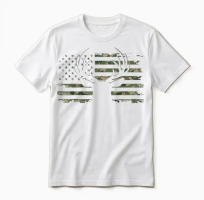 American Flag Camouflage Outdoor Antlers Deer T-Shirt Small Unisex T-Shirt - White