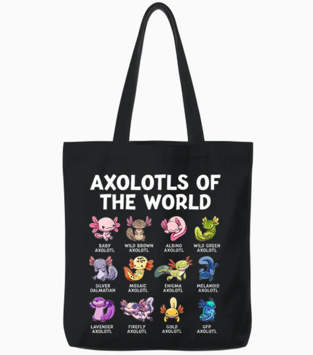 Axolotl Kawaii Axolotls of the World Funny Axolotl Animals Tote Bags in Black