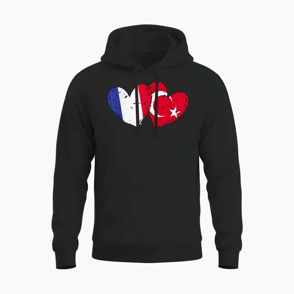Flag of France Turkey Heart Türkiye French Turkish Friendship Unisex Hoodie in Black