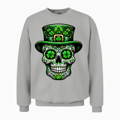 Ireland Sugar Skull Clover Irish St Patricks Day Costume T-Shirt, Black Unisex Sweatshirt - Ash
