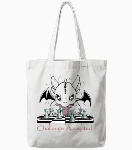 Dragon Playing Chess, Challenge Accepted Tote Bags in White