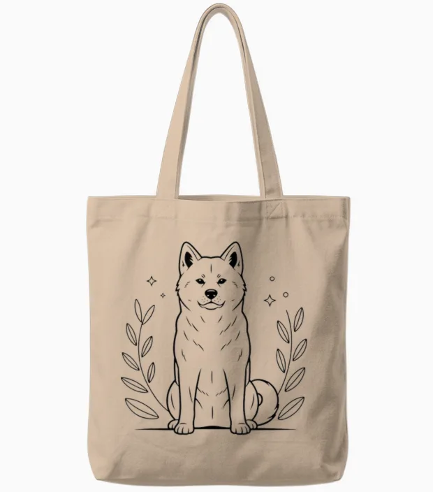 Line Art Japanese Akita Inu Minimalist Tote Bags in Natural
