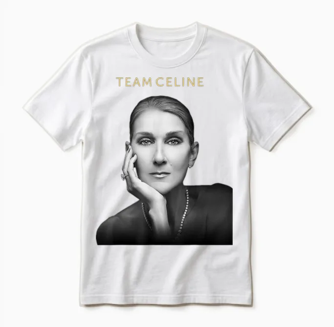 Official Celine Dion Team Celine T-Shirt, Black, S Unisex T-Shirt in White
