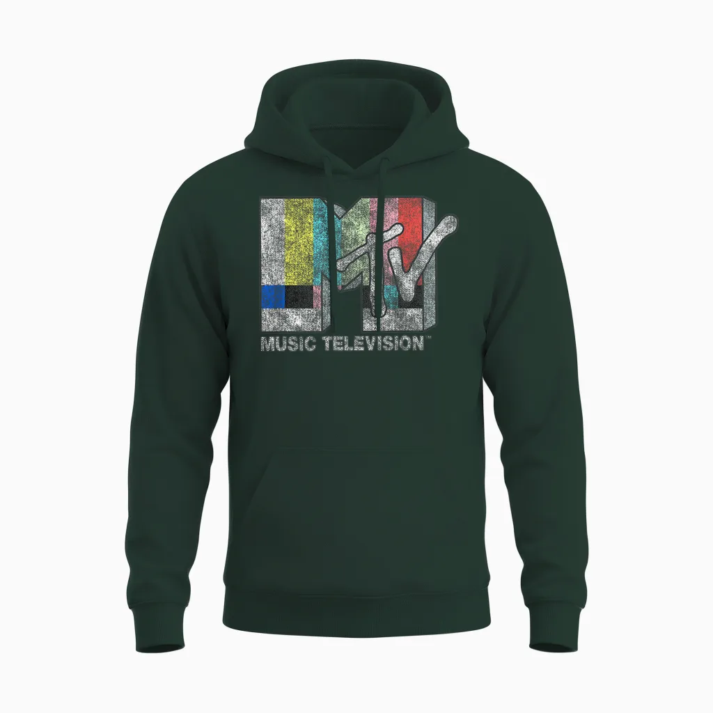Mtv Classic Fit Black T-Shirt - Vintage Tv Signal Logo, 100% Cotton, Adult Short Sleeve Unisex Hoodie in Forest