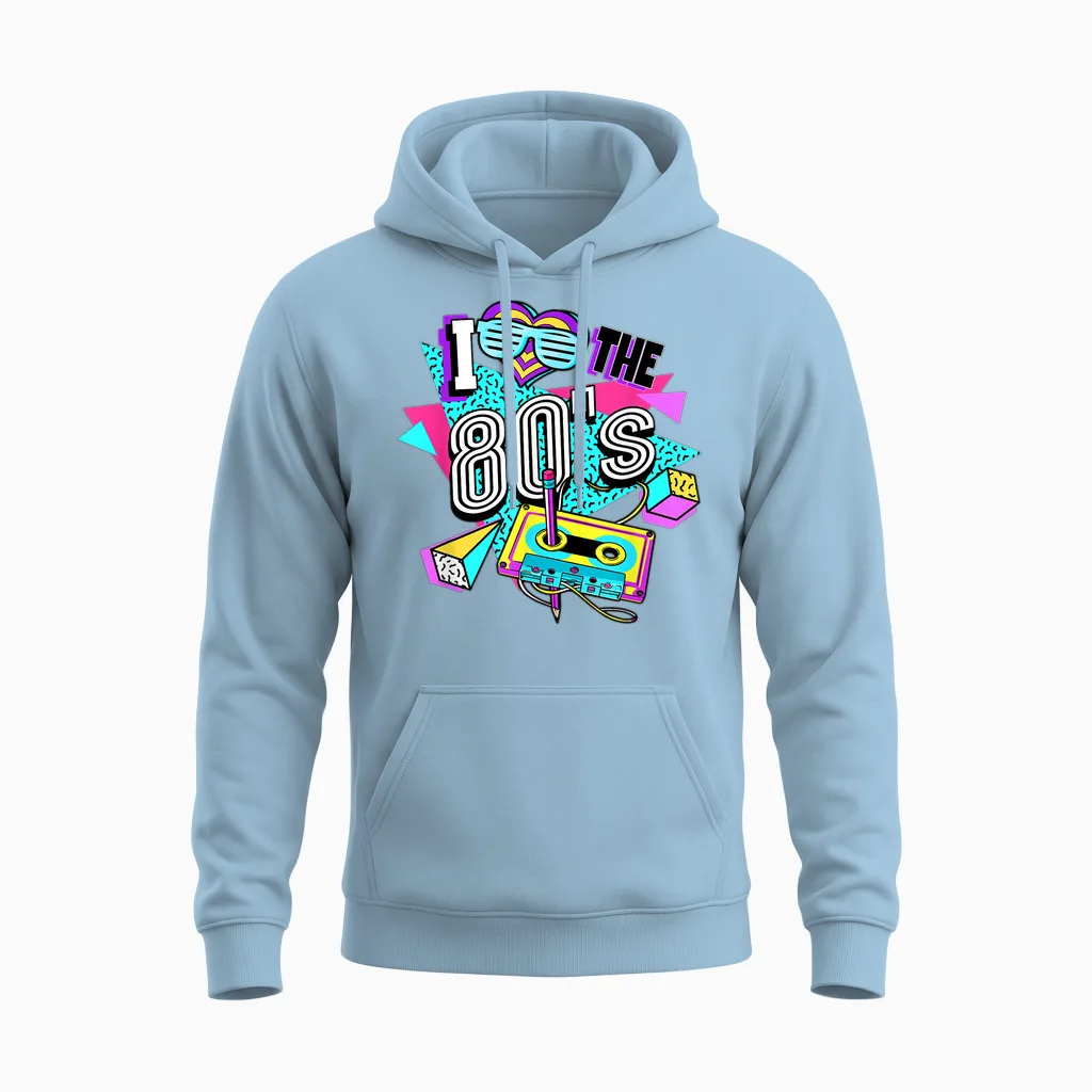 80s I Love the 80s T-Shirt, Black Unisex Hoodie in Light Blue