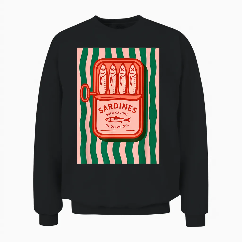 Retro Graphic Summer Fish Tin Sardines for Men Women Unisex Sweatshirt in Black