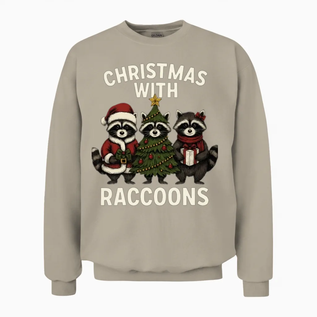 Christmas Raccoon Vibes β Cute Holiday Magic Unisex Sweatshirt in Sand