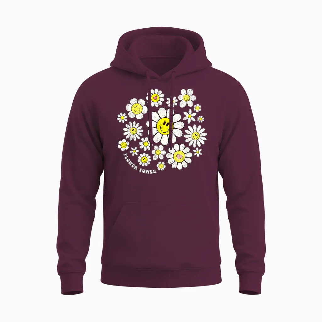 Flower Power Süßes Lächeln, Gesichtsblume, Happy Face, Blumen, Mädchen Unisex Hoodie in Maroon