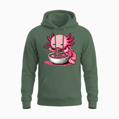 Funny Axolotl Noodle Gifts Anime Kawaii Axolotl Eating Ramen Noodles Unisex Kids Teen Adult T-Shirt Black Small Unisex Hoodie - Military Green