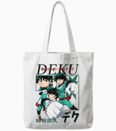 My Hero Academia Deku Action Poses Collage with Kanji Anime Tote Bags - White