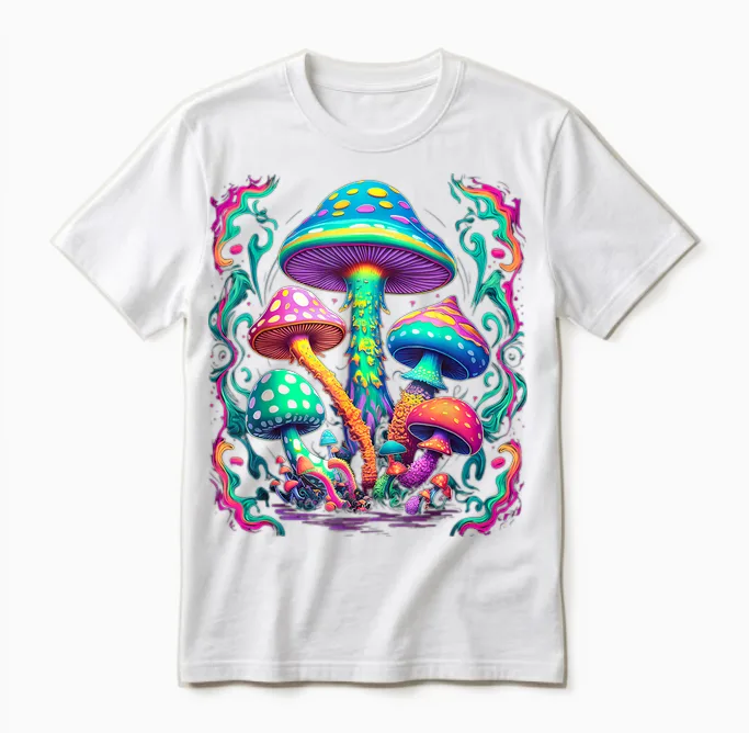 Colourful Psychedelic Mushrooms | Colour & Hippie T-Shirt, Black Unisex T-Shirt in White