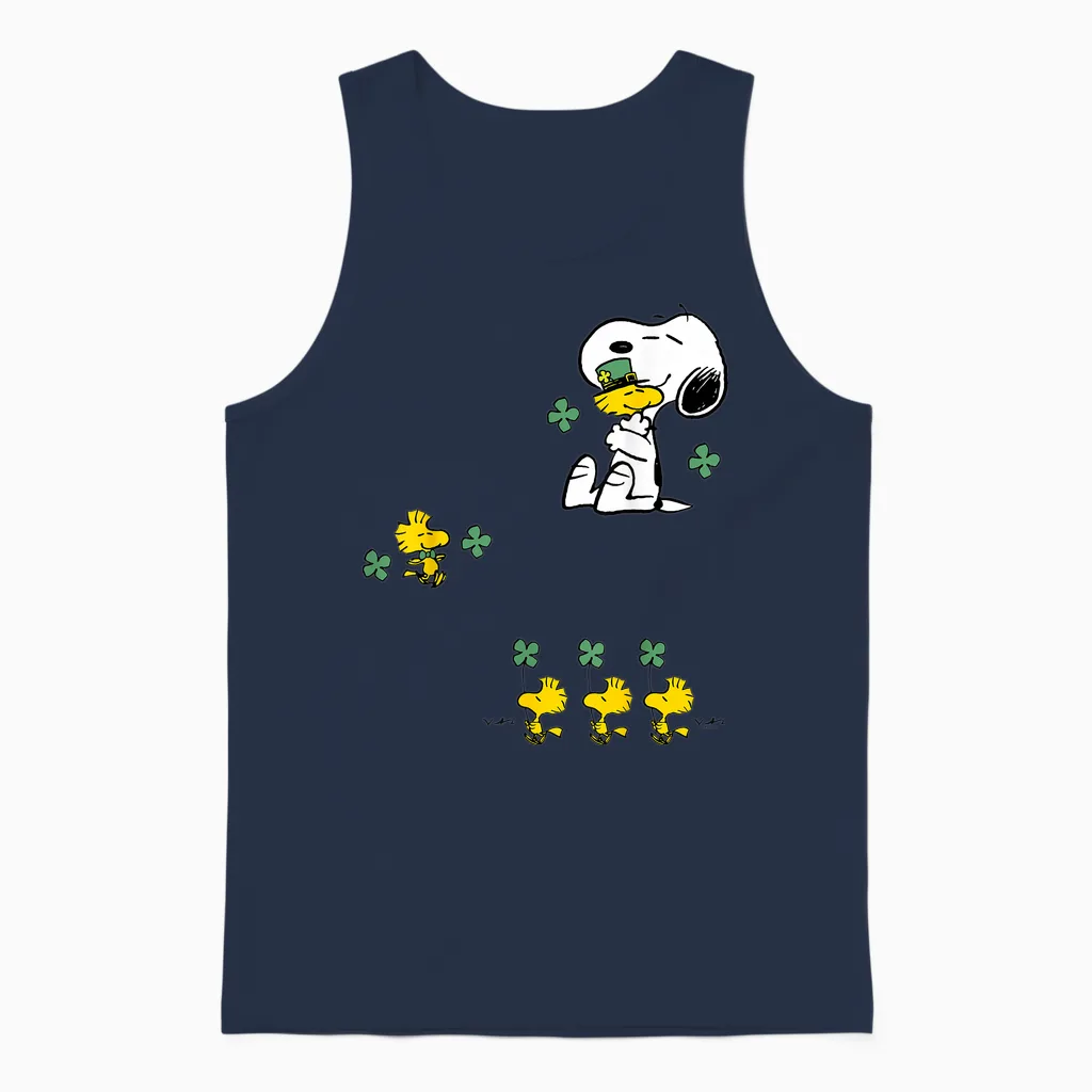 Snoopy & Woodstock - St Patrick's Day Shamrock Unisex Tank Top in Navy