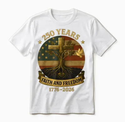Flag Cross Tree 250 Years Faith and Freedom 1776-2026 Unisex T-Shirt - White