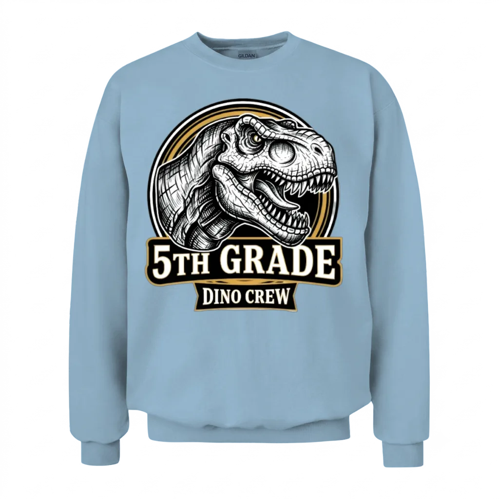 5th Grade Dino Crew T-Rex Back to School Unisex Sweatshirt - Light Blue
