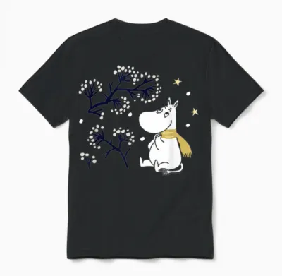 Moomin Moomintroll Winter Watching the Snow T-Shirt, Blue Unisex T-Shirt - Black