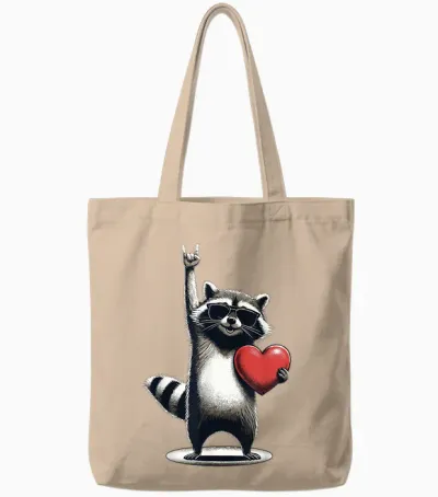 Funny Raccoon Rock on Men Women Kids Valentine's Day Tote Bags - Natural