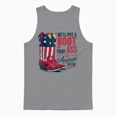 We'll Put a Boot in Your Ass Western Cowgirl 4th of July Unisex Tank Top - Sport Grey