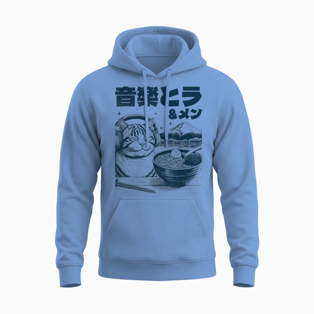 Music & Ramen Cat Neko Japan Ramen Noodle Cat T-Shirt, Gray, S Unisex Hoodie in Carolina Blue