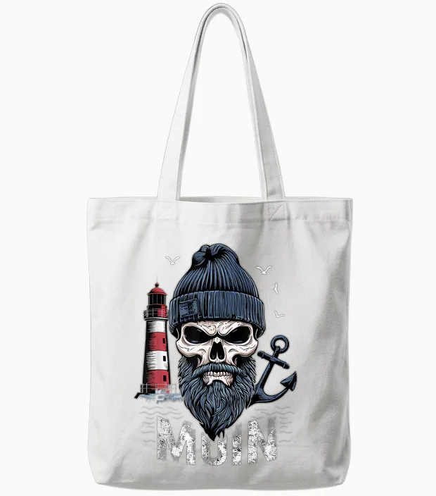 Moin Skull Lighthouse Moin North German Coastal Motif T-Shirt, Black, S Tote Bags in White