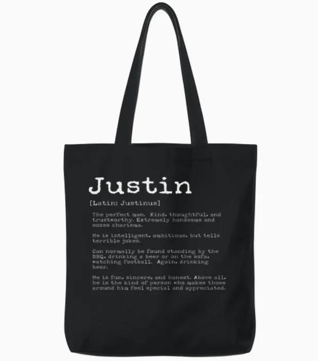 Funny Justin Names Definition Funny Justin Tote Bags in Black