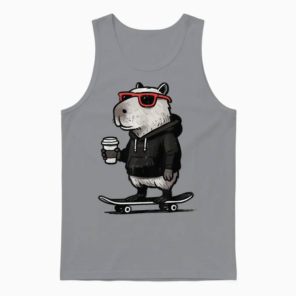 Cool Capybara on Skateboard with Coffee Funny Skater Kapy Unisex Tank Top in Sport Grey
